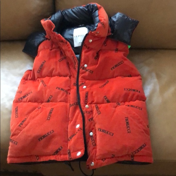 Fiorucci Jackets & Blazers - FIORUCCI Orange Logo Print Corduroy Puffer Vest